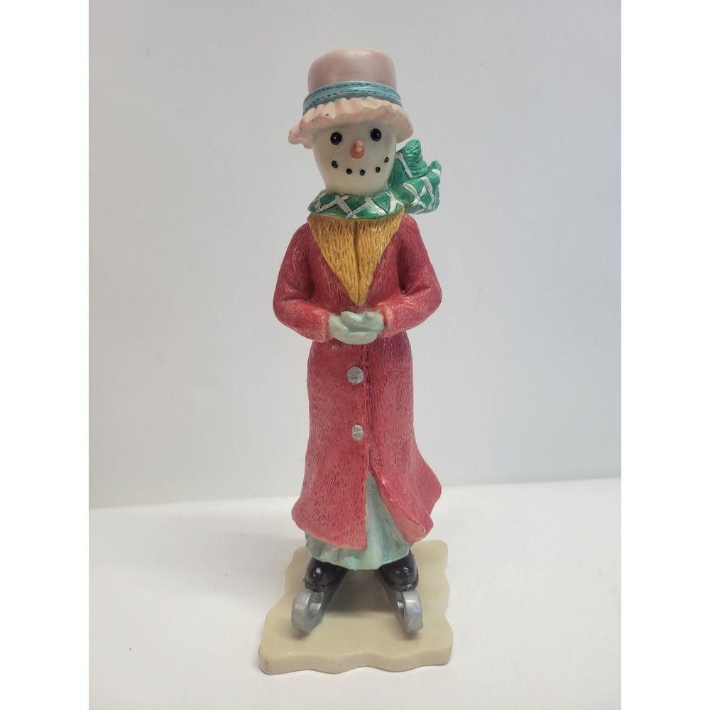 Charming Snowman Ice Skater Figurine Pink Coat Scarf Hat Holiday Decor